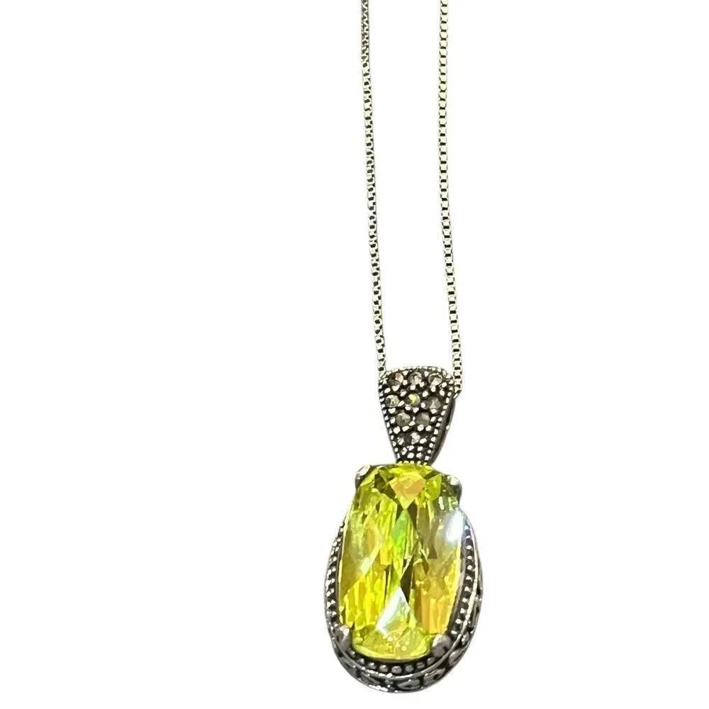 Marcasite Sterling Silver 925 Large Cut Peridot Oval Pendant 19" Chain Statement
